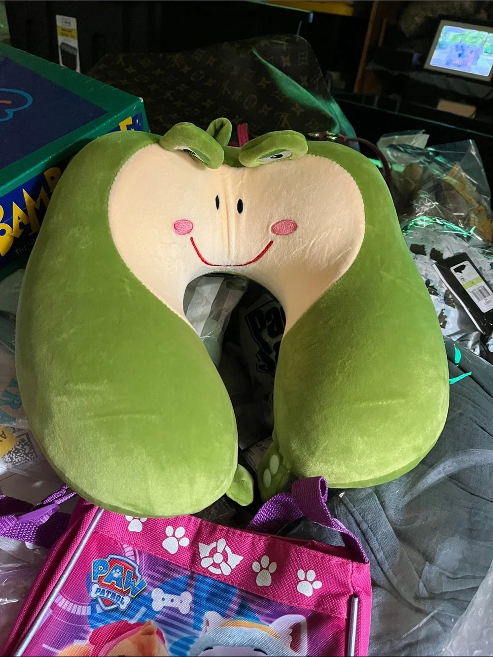 Green Apple Plush Travel Neck Pillow - Smiling Face